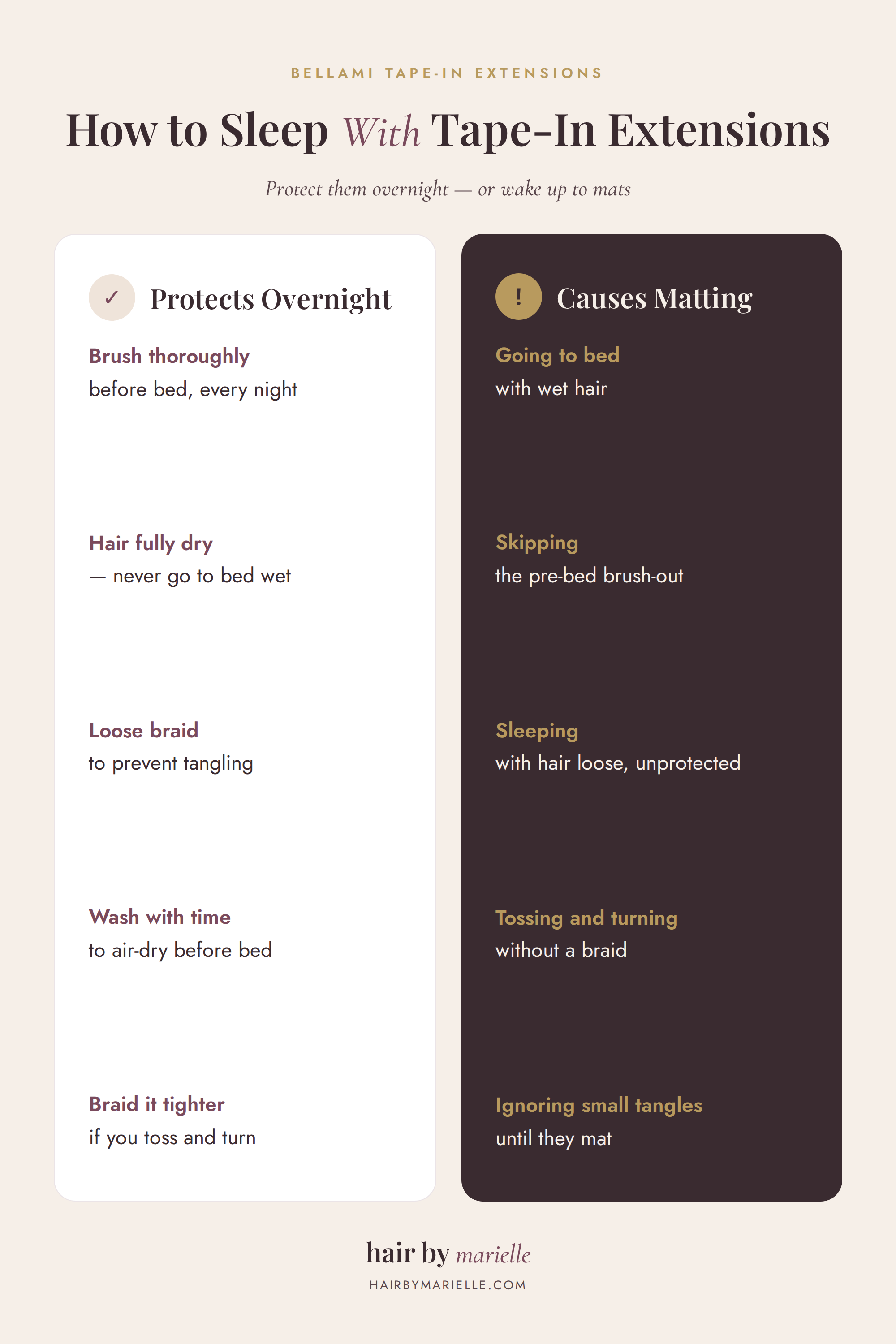 Infographic comparing what protects tape-in extensions overnight versus what causes matting